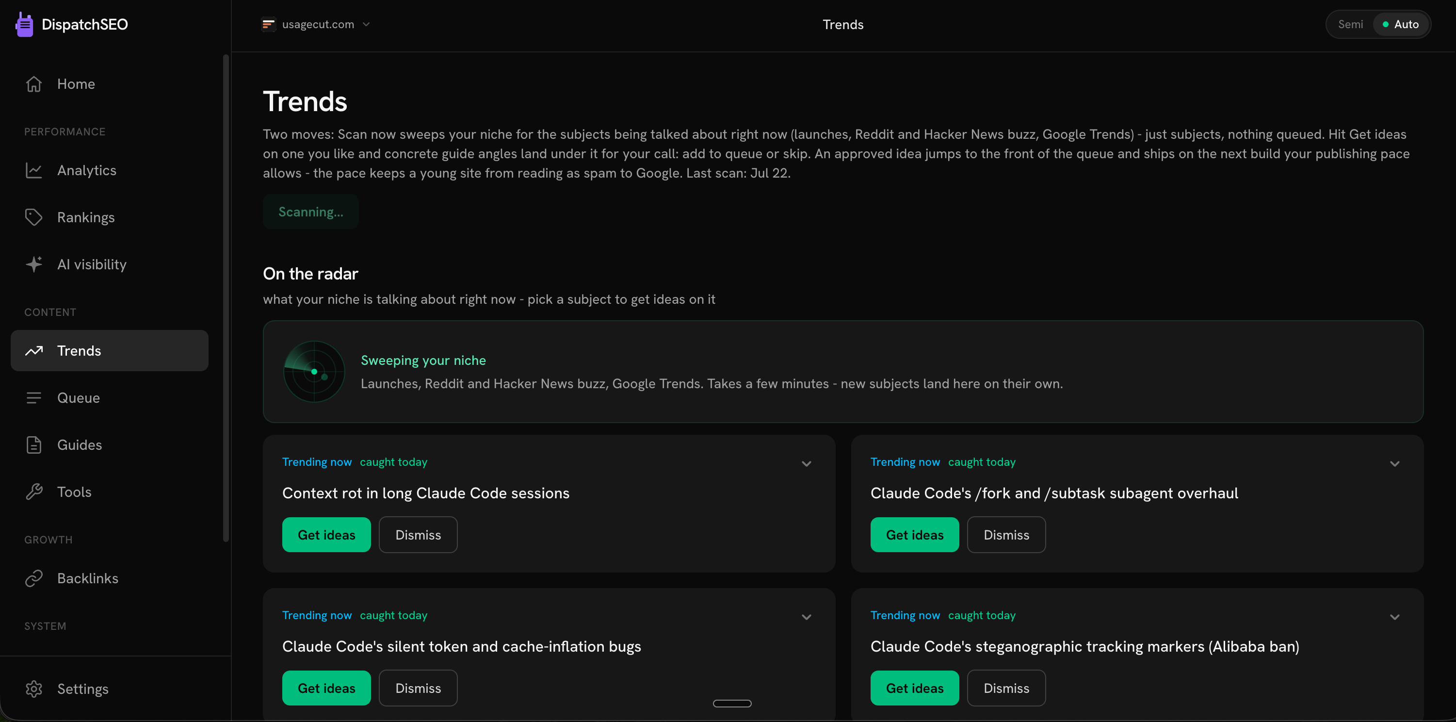 The Trends page: rising subjects with their evidence, and the takes queued under each one